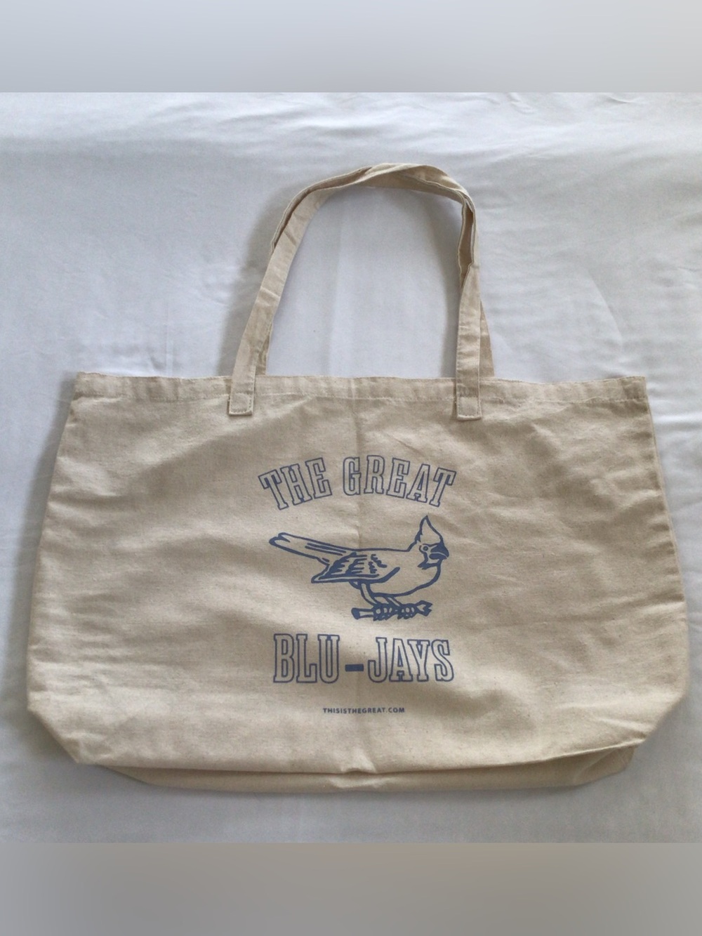 THE GREAT. Beige Canvas Tote with Blue Print